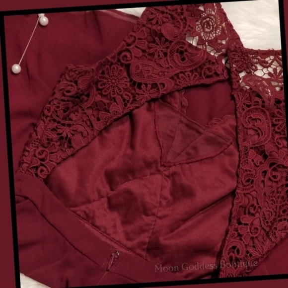 Lulus ✦ Burgundy Lace Skater Dress ✦ Crocheted Bodice w/ Chiffon Open-Back Skirt - Picture 14 of 16
